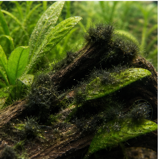 Pinselalgen noires sur une racine d'aquarium